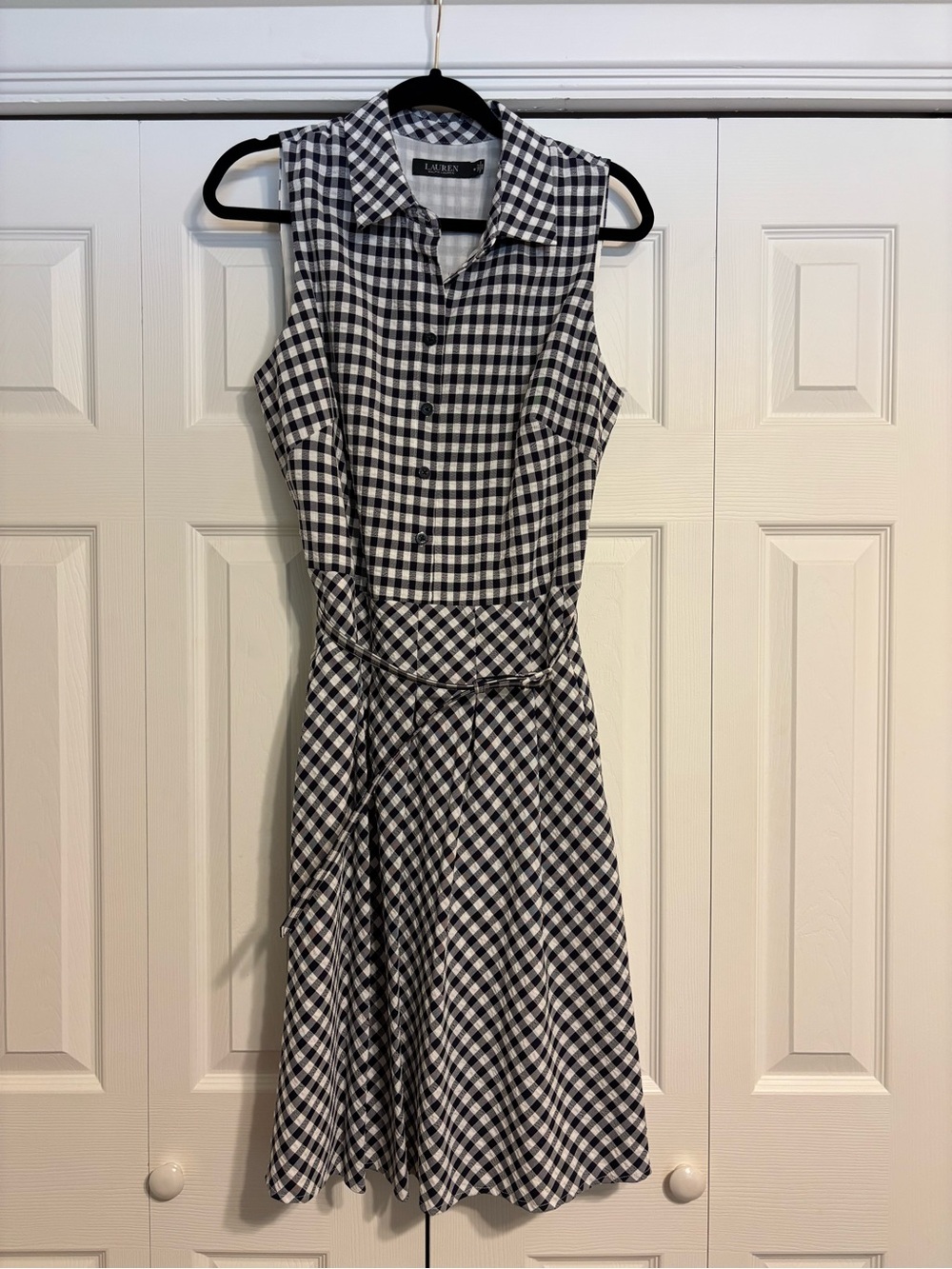 Ralph Lauren Black and White Gingham Sleeveless Midi Shirt Dress with Waist Tie